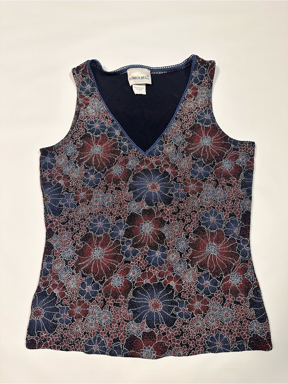 Vintage Fashion Bug Womens Navy Red Floral V-Neck Tank Top